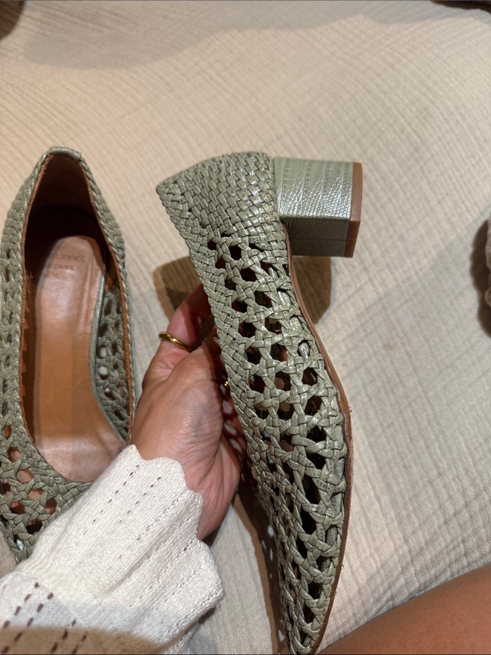 Sezane Woven Laura Court Block Heel Pumps in Sage Green - Picture 12 of 17